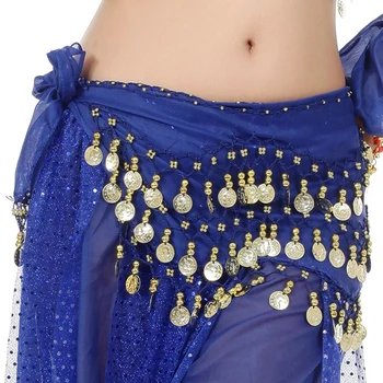 Wholesale Fashion Sexy Chiffon Scarf Belly Dance Dress Performance Waist Chain Belt With 128 Coins