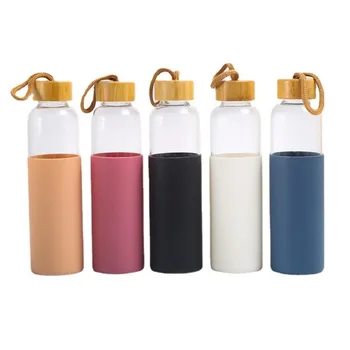 Custom 500ml Glass Water Bottle with Silicone Sleeve Bamboo Lids Modern Sport Drinkware