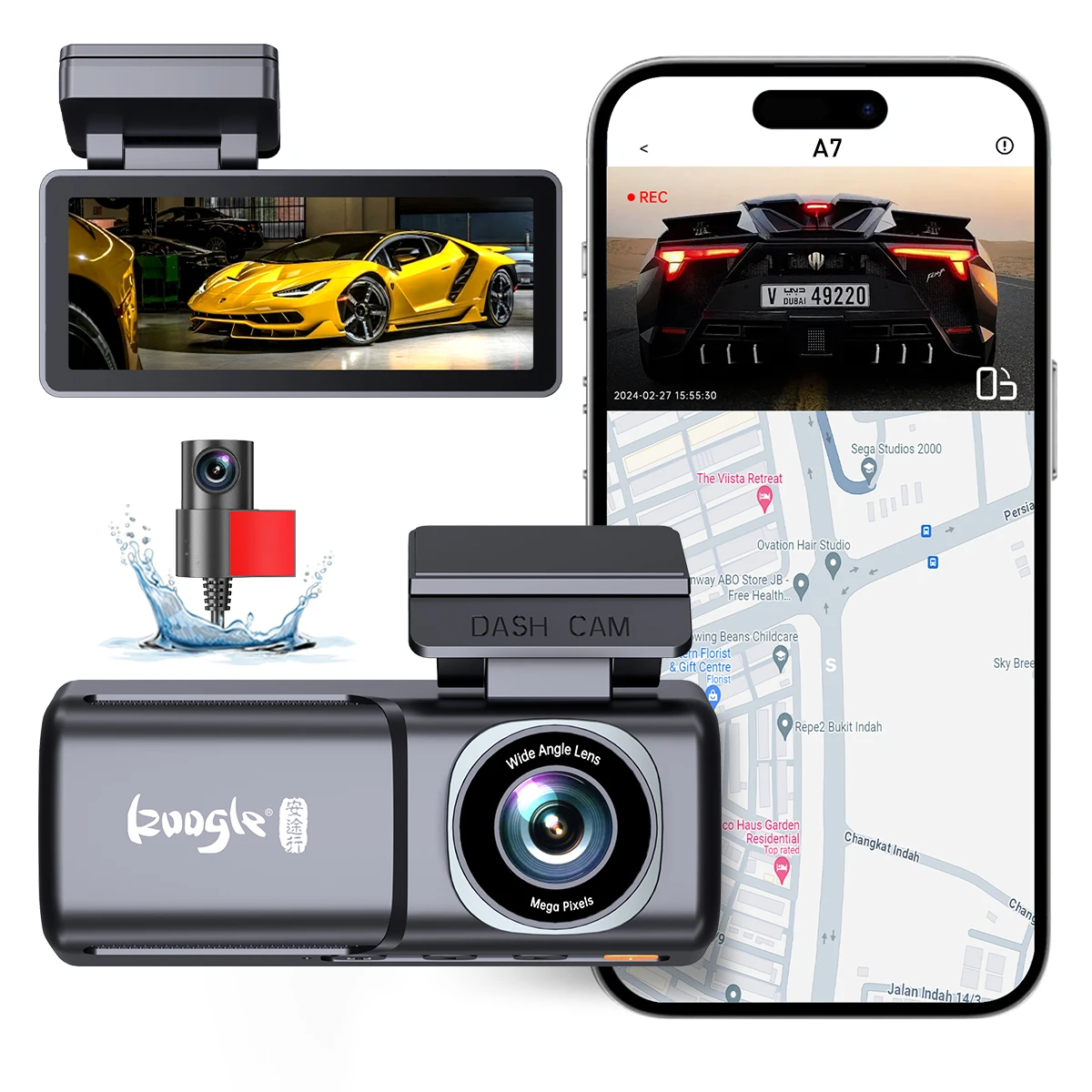180 Degrees Wide Angle  App Control 4k Wifi Tracking System Video Recorder Dual Lens Black Car Camera Dash Cam With GPS