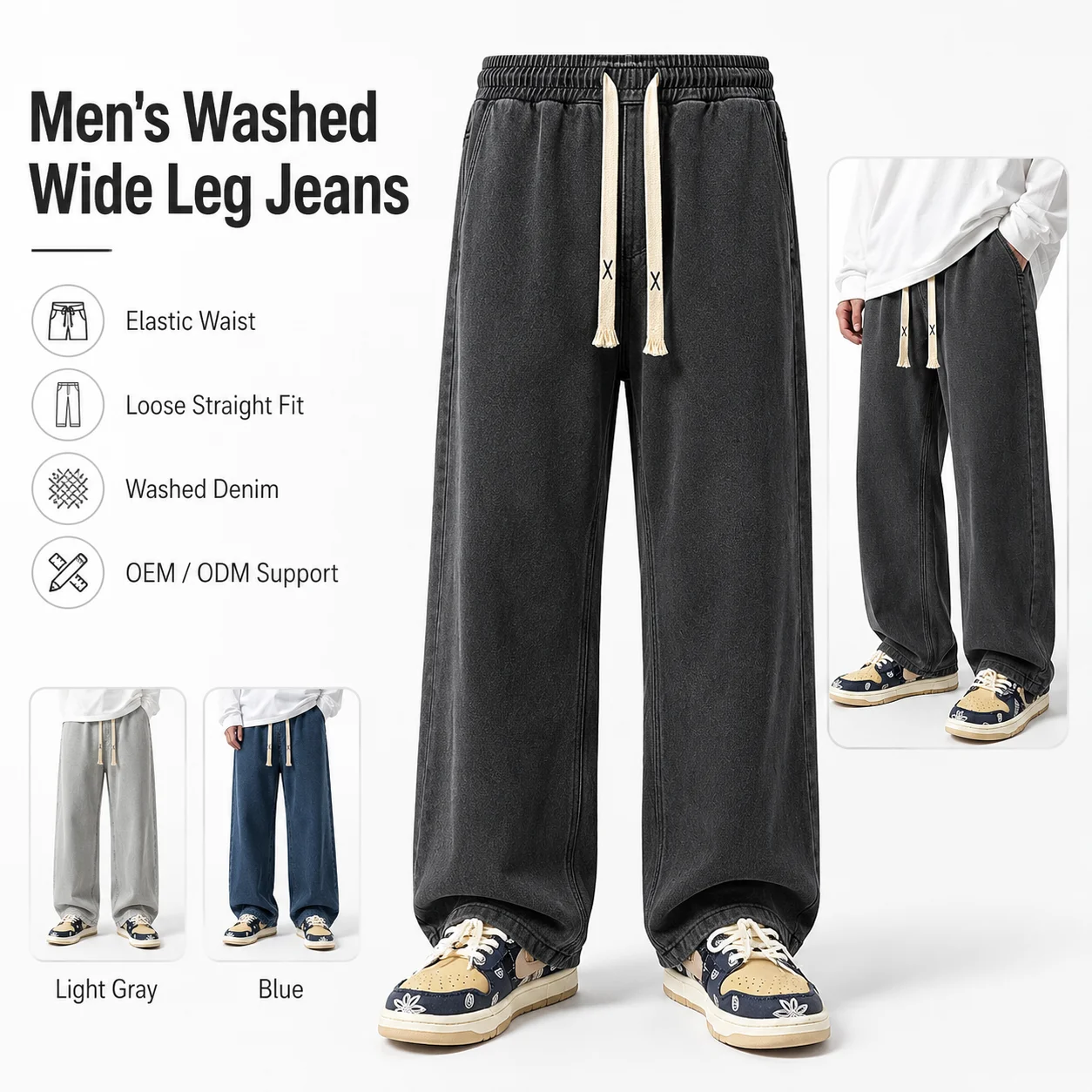 New Arrival Vintage Men's Mid-Waist Straight Jeans Style Pants Breathable for All Seasons