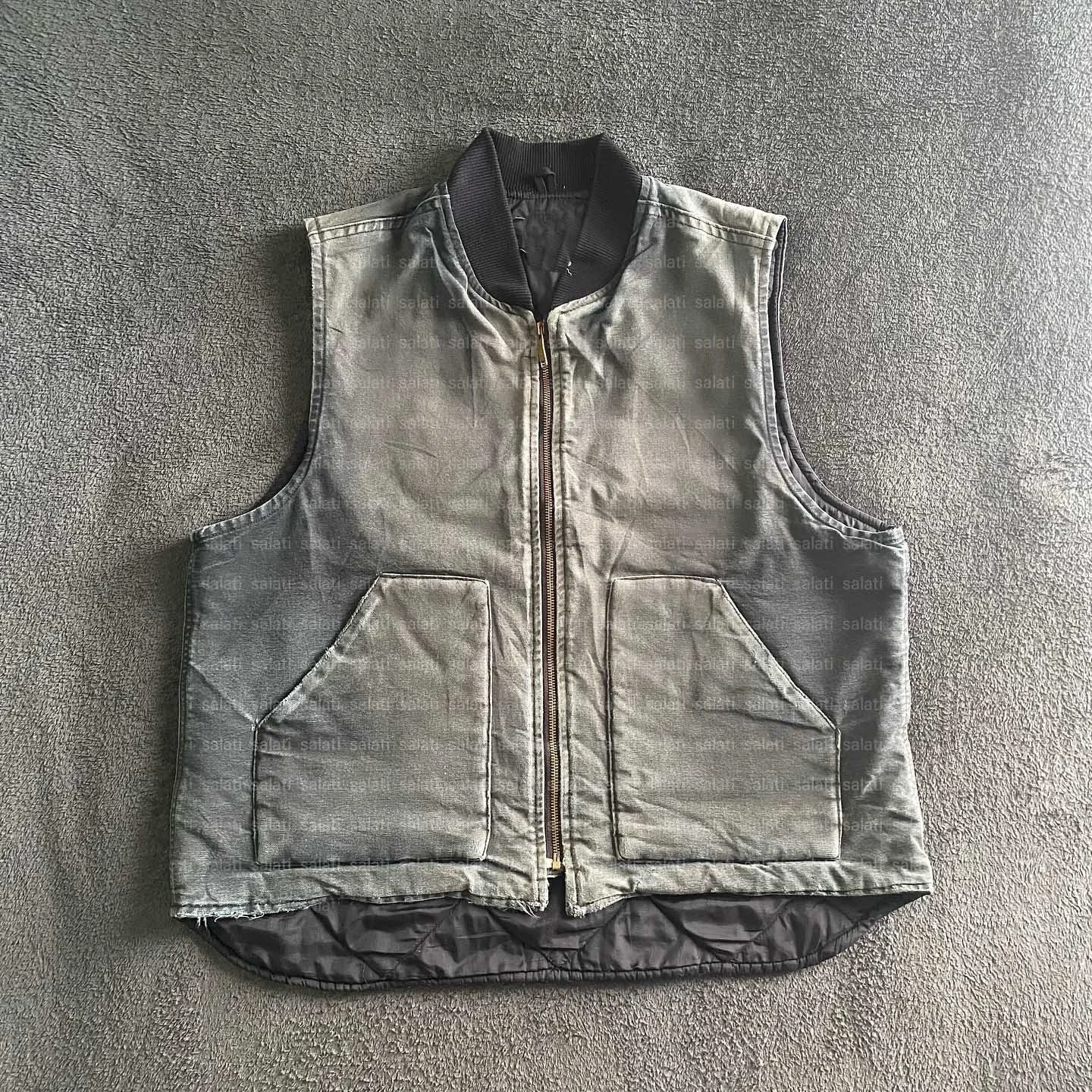 Salati Custom Winter Quilted Lined Acid Wash Vintage Sleeveless Cargo Carpenter Workwear Worker Vest Work Jacket Men gallery 2