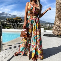 Print Boho Pant Suits Summer Women 2 Piece Sets Spaghetti Strap Crop Tops Split Wide Leg Pant 2021 Sexy Beach Vacation Outfits
