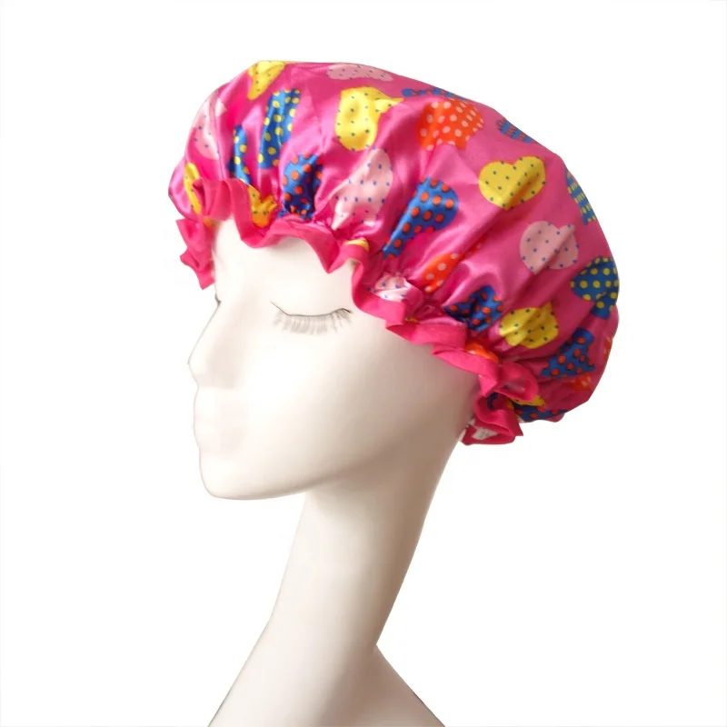 Custom Print Large Xl Double Layer Satin Lined PE EVA Waterproof Shower Cap for Women