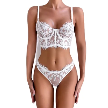 Hot Selling Solid Color Sexy Fishbone Sling Lingerie Slim Fit Hip Raise Two-Piece Set with Lace Decoration Wholesale Supply
