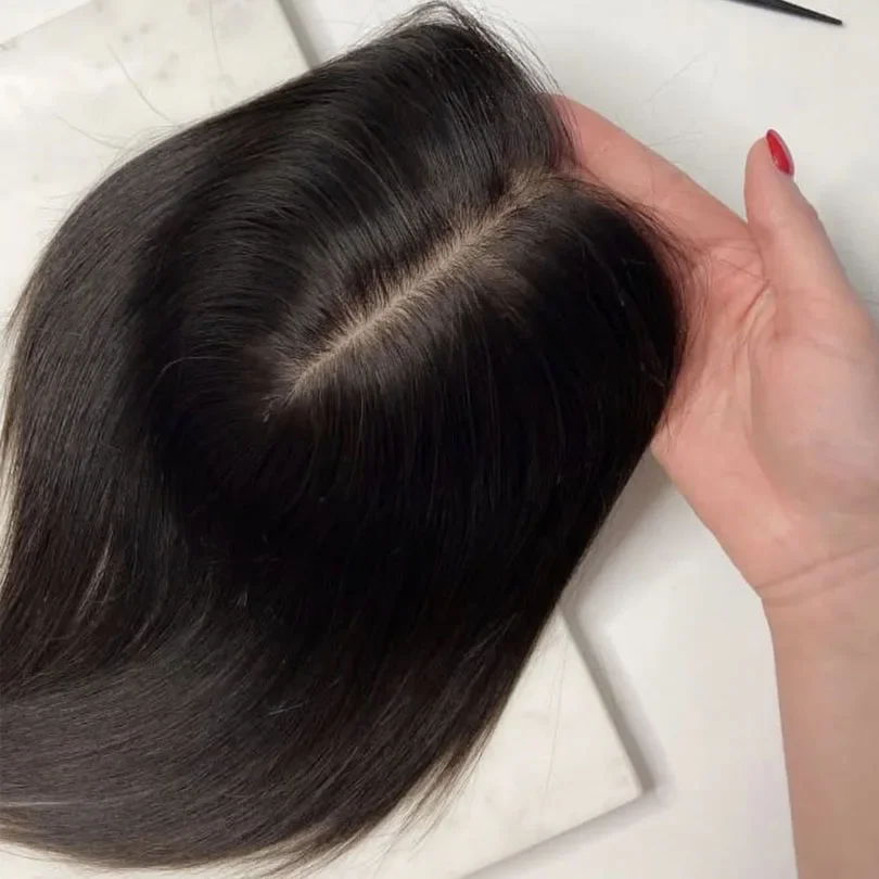 Parrucca da donna marrone in seta con base in pelle per capelli umani europei per calvizie, sottile e fine, nastro adesivo gratuito 6X6 pollici_voghion.com