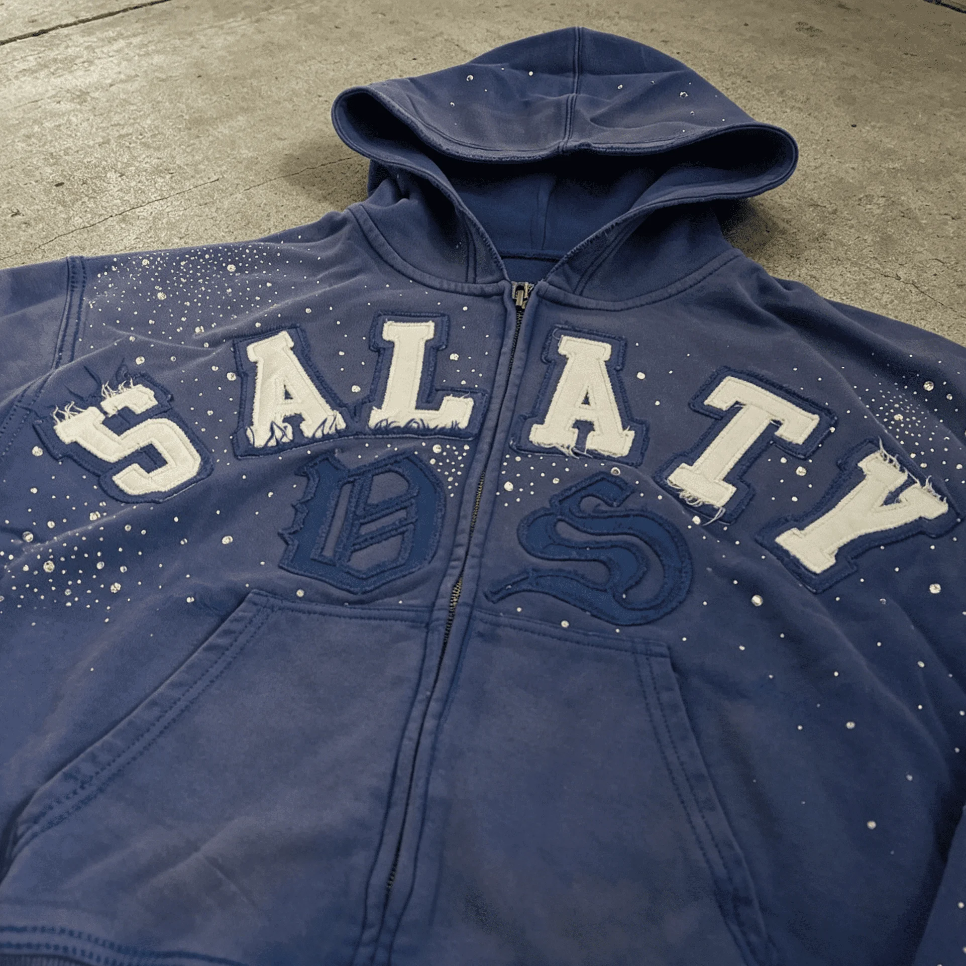 Custom Vintage Wash Rhinestone Zip Up Hoodie Heavyweight French Terry Letter Embroidery Streetwear Cropped Sweatshirt gallery 3