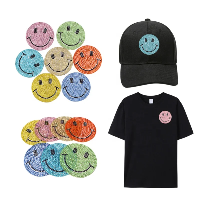 Free sample factory wholesale iron on smiley face crystal products tshirt appliques