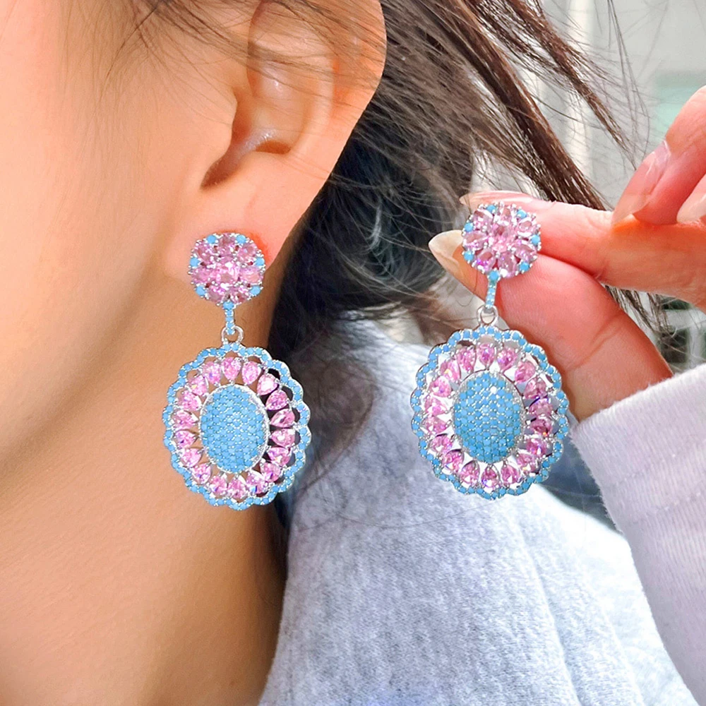 High Quality Fashion Pink Blue Jewelry Turquoise Zircon Flower Drop  Earrings for Women Banquet Party Wedding Accessories