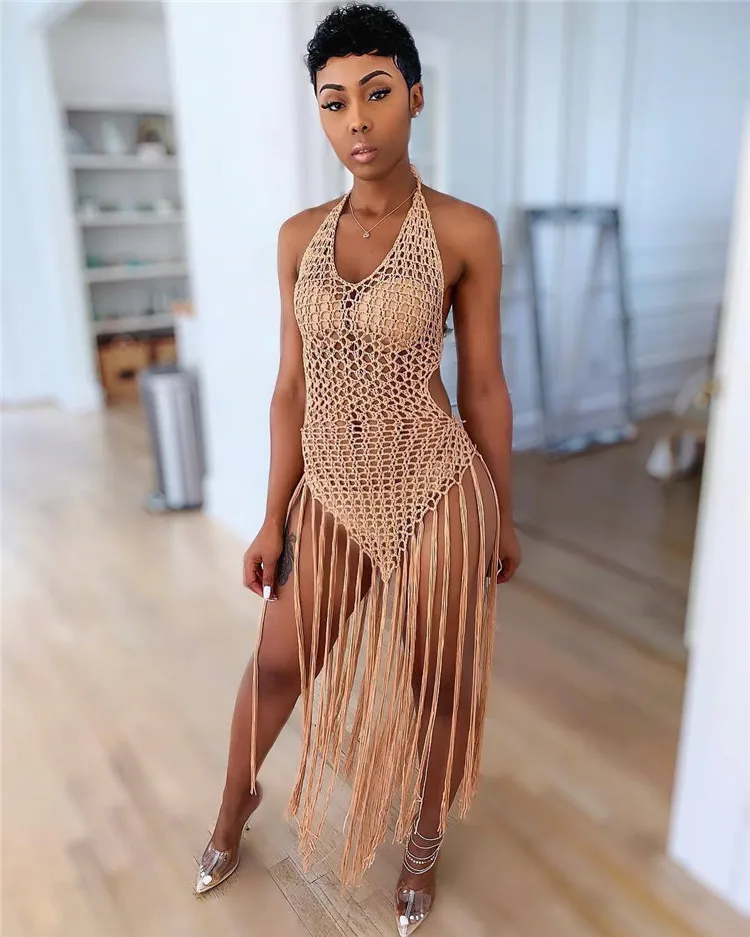 Long Tassels Knitted Cover Ups Dresses Halter String Back Crocheted Beach Clothing Ankle Length Solid Pattern Outdoor Wear