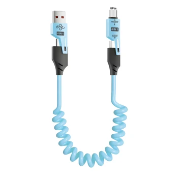 60W Super Fast 4-in-1 Spring Charging Cable with USB-C/Type-C/Lightning Ports Durable Spring Wire Fast Charging Cable