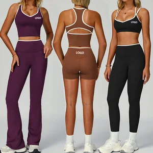 Custom Logo Two Piece GYM Sport Wear Women Yoga Pants Leggings Flare Pants Set Women Sport Tank Top Vest Yoga Set