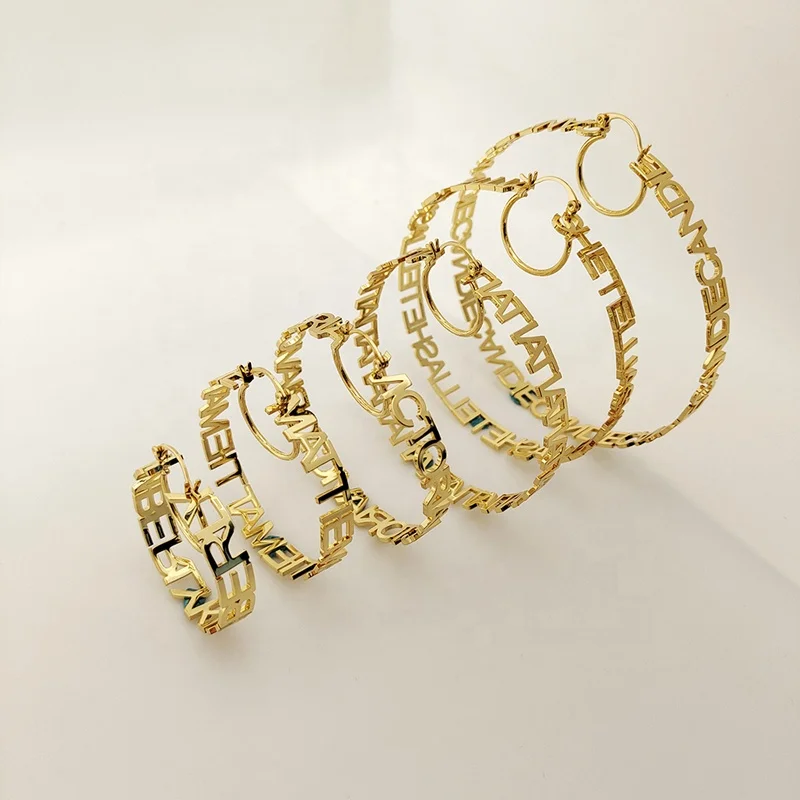 Custom Name Hoop Earring 18K Gold Stainless Steel Personalized Fashion Women Nameplate Alphabet Letter Big Circle Large Earrings