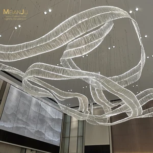 Modern Luxury Custom Glass LED Chandelier Handcrafted Oval Shape Pendant Lights with Decorative Ribbon for Hotels Lobby Banque