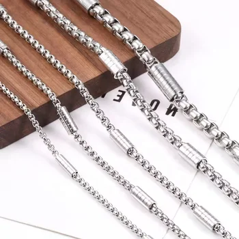Simple Hip Hop Square Pearl Round Box Chain Stainless Steel Luo Luo Chain Men's Pendant Necklace