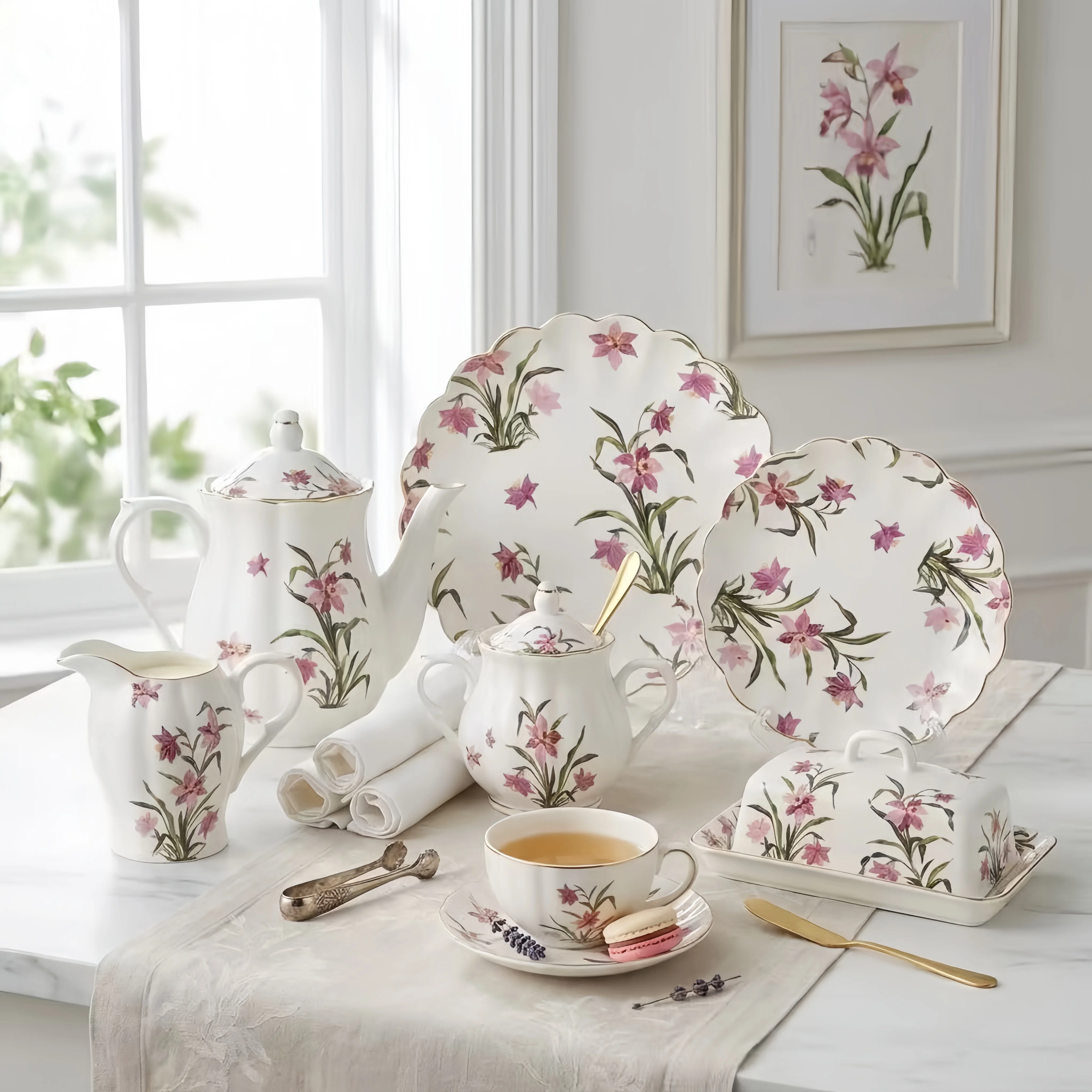 Elegante roze orchidee-bloemmotief porseleinen theeset met gouden rand, keramisch servies en koffieset voor afternoon tea en bruiloften