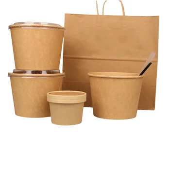 China factory 8oz Biodegradable Kraft Paper cups Disposable Hot Soup Packing Bowl With Lid
