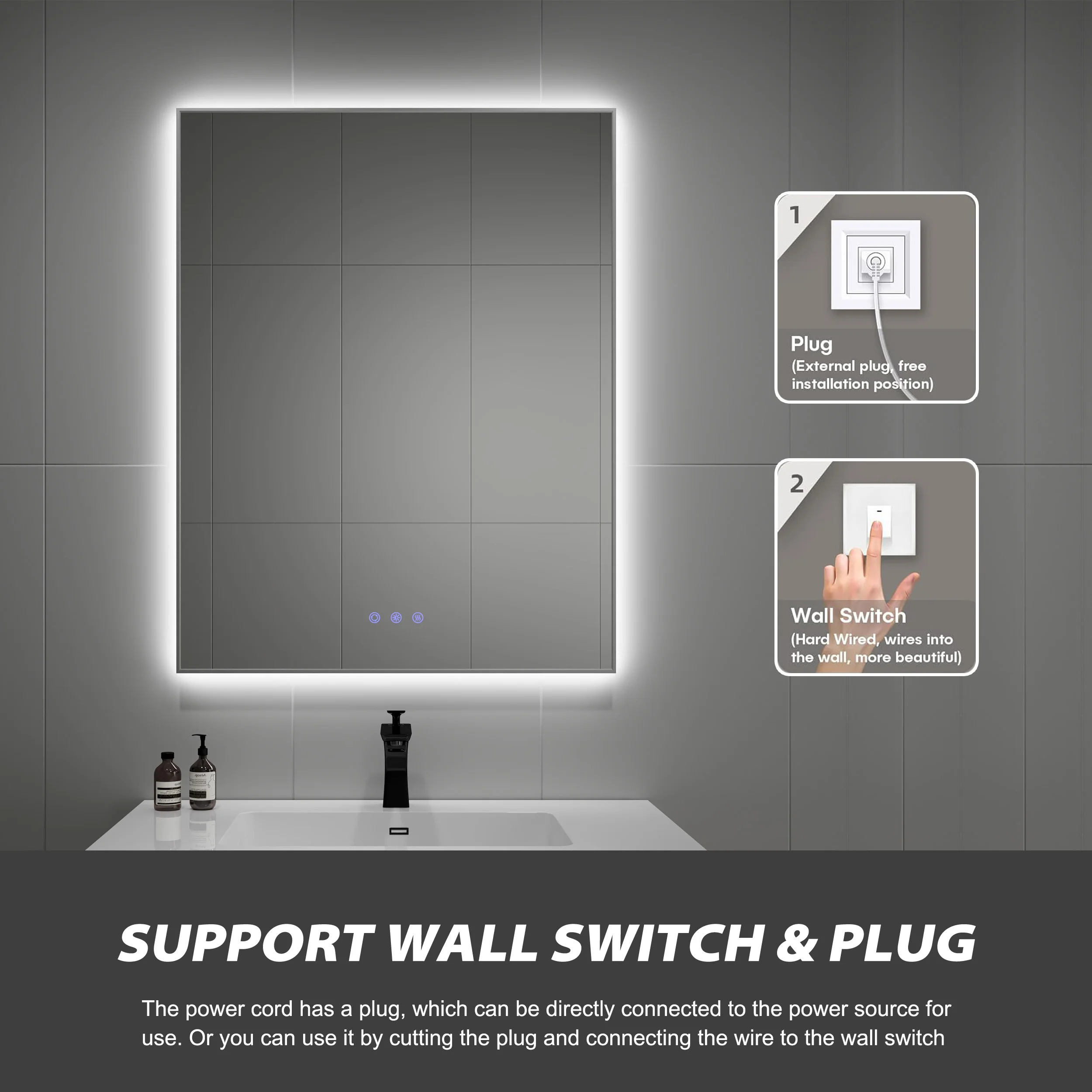 Custom 3 Lighting Colors Modern Anti Fog Smart With Touch Screen Framed 3500k/4000k/6500k Adjustable Bathroom Mirror With Light
