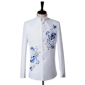 Men's Suit Set Embroidery Choir Casual Zhongshan Suit Blue and White Porcelain Host Stage Performance Clothes