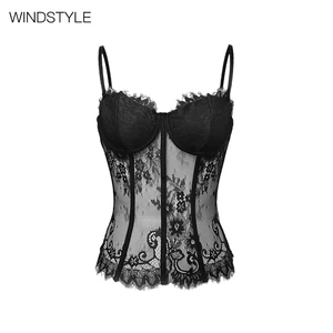 Women's Sexy Lace Eyelash Fish Bone Floral Pattern Short Length Slim Fit Back Skinny Vest Halter Collar Breathable Ribbons