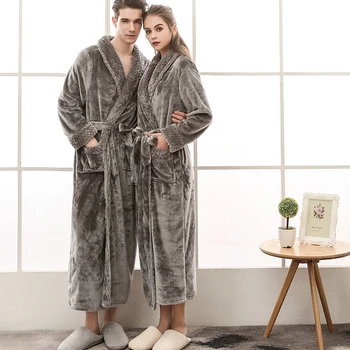 Soft Warm Women and Men Flannel Nightgown Plus Size Kimono Style Coral Fleece Sleepwear Robes