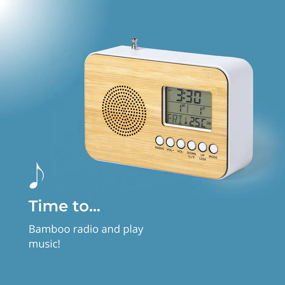 Multifunction Radio Alarm Clock Digital Watch Bamboo Frame Electronic FM Radio Date Temperature Time Auto Alarm Clock