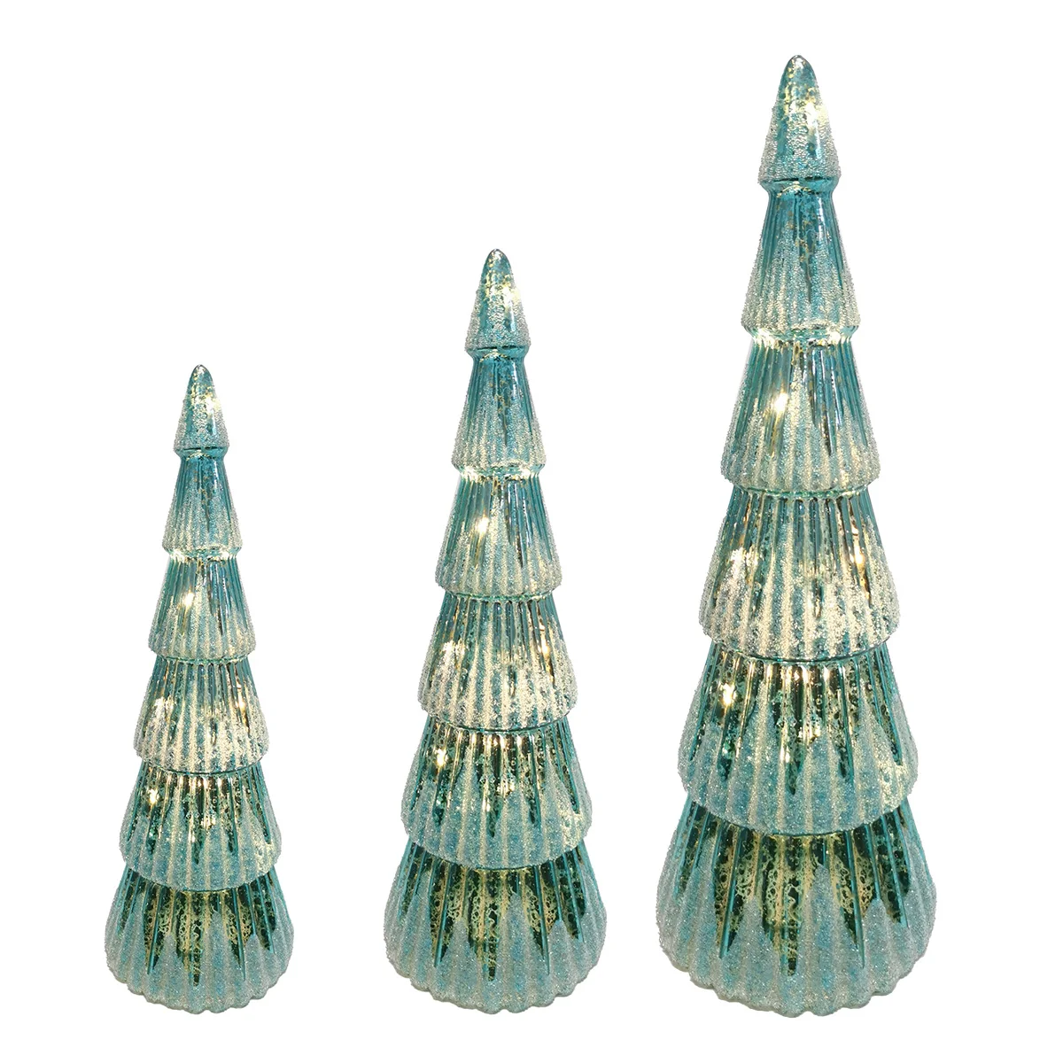 Set of 3 pre lit lighted up gold tabletop mercury hand blown glass snowy tipped christmas tree decorative figurine supplier