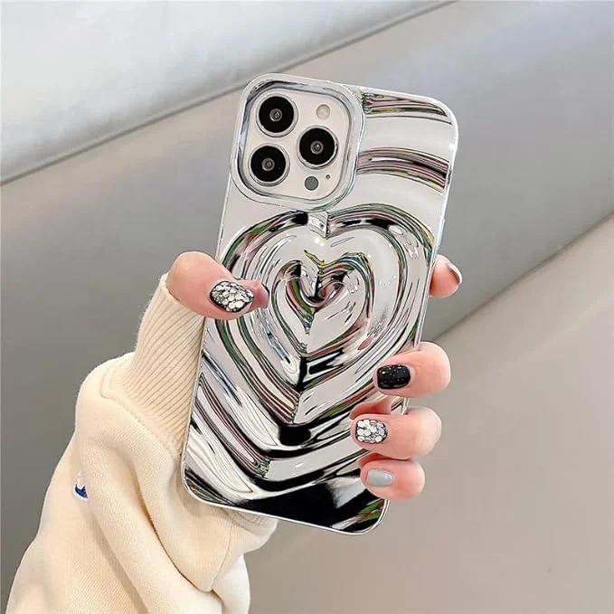 Laudtec Cute 3D Heart Phone Cover Water Ripple Silver Case for iPhone 16 pro max Soft Silicone Slim Bling Protective Case