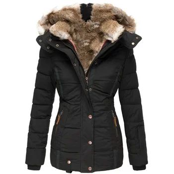 2024 Winter Women Jacket Fashion Plush Patchwork Zipper Pocket Hooded Jacket