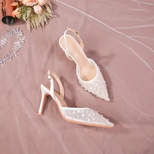 QuiteS 2026 Hot Wedding Shoes French Fairy Style White Stiletto Heels Lace-Up Banquet Bridesmaid Shoes Pointed Toe Mesh Sandals