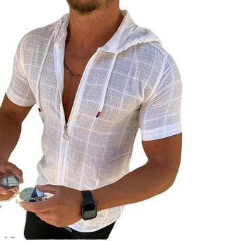 2024 new men's short-sleeved shirt Europe and America fashion men's short-sleeved hooded zipper T-shirt