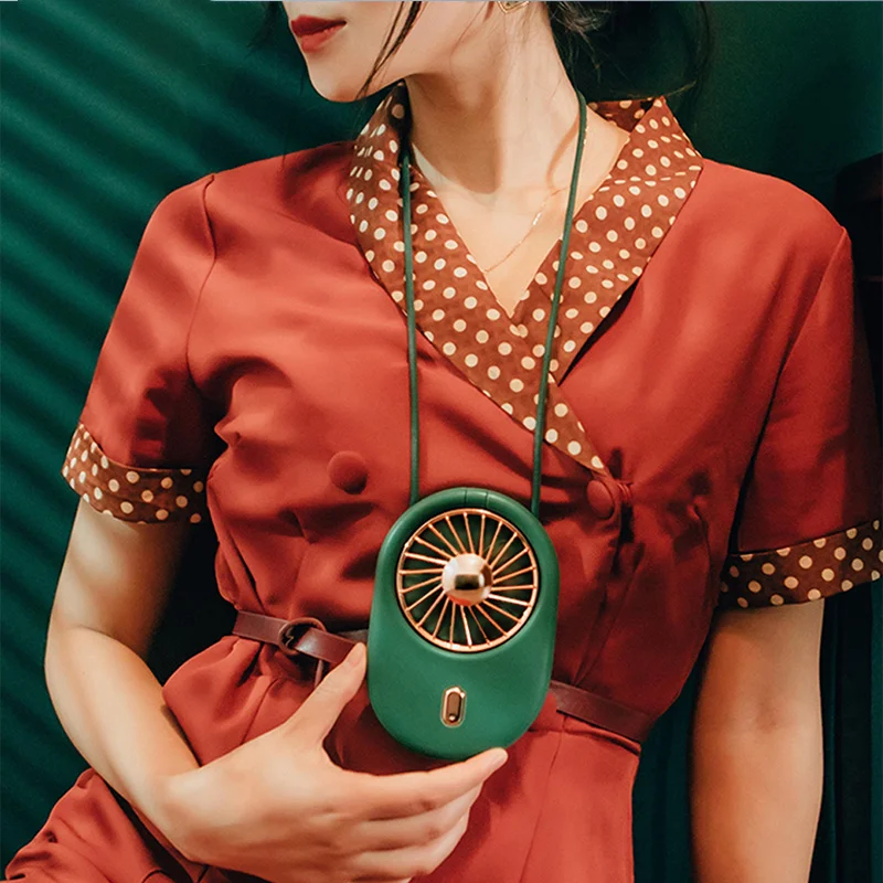 Зеленый портативный подвесной шейный мини-вентилятор в стиле ретро, настольный маленький складной перезаряжаемый дорожный уличный походный вентилятор