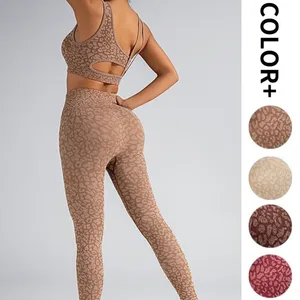 Seamless Leopard Print Yoga Set Outdoor Sports Fitness Leggings Bra Breathable Long Pants Two Pieces Set for Women