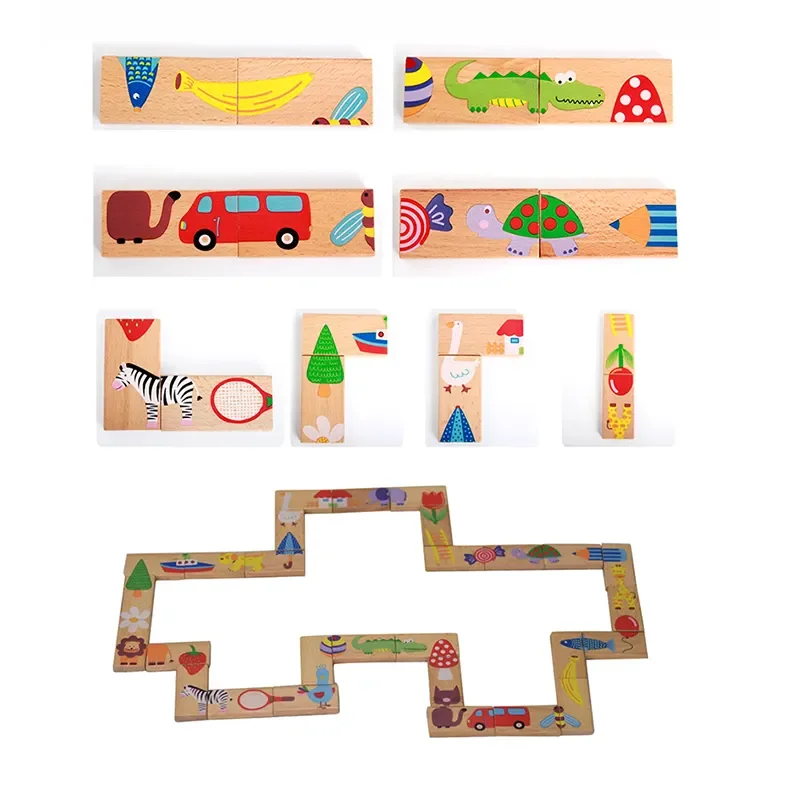 Customs Wooden Cartoon Animal Printed Set 28Pcs Blocks Domino Kids Children Baby Toys for Education Brain Intelligence