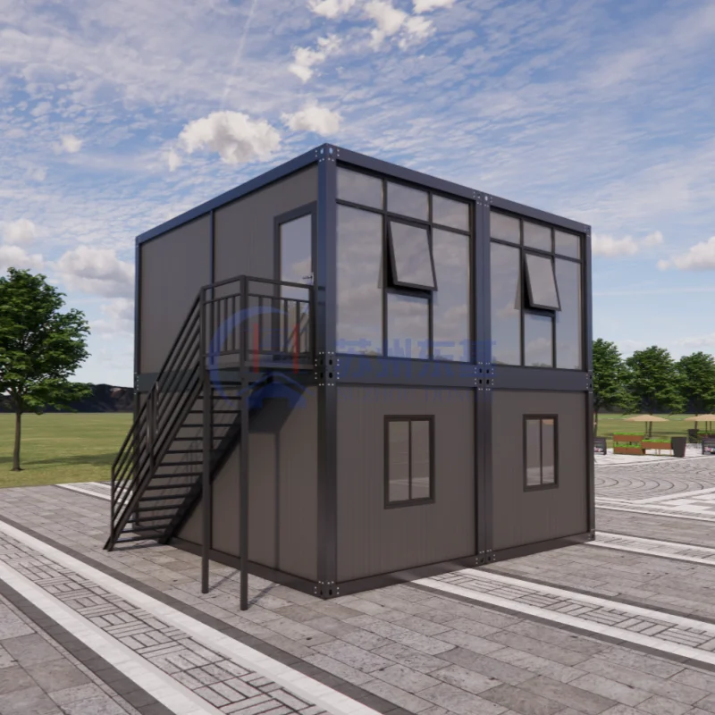مكتب حاويات حديث متنقل وحدوي جاهز مقاس 20 قدمًا و40 قدمًا، هيكل أسود مسطح، مبانٍ جاهزة على شكل حاويات Casas Contenedor