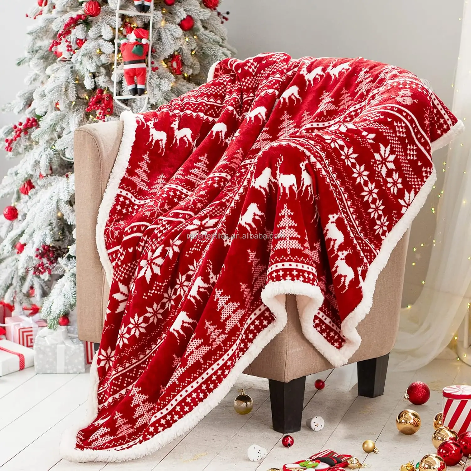 Sherpa Christmas Modern Knitted Throw Blanket 50" X 60" 100% Polyester Four Seasons Soft Cozy with Reindeer Design