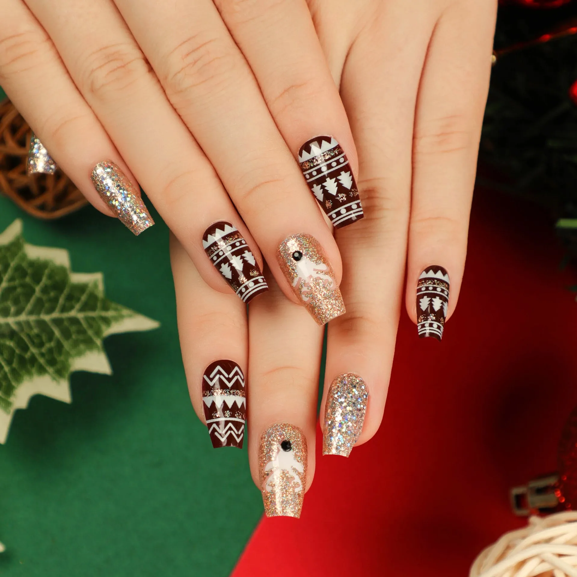 Maroon Leaf Nail Accent
