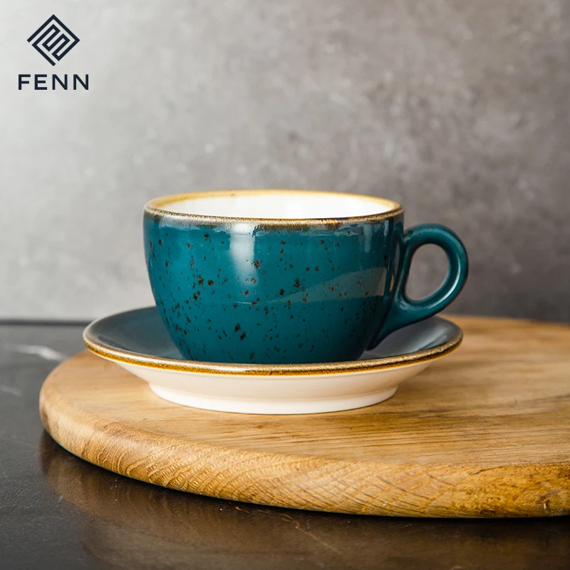 FENN Factory Manufacture Sale Porcelain Cappuccino Cup Tea Cups Wedding Hotel Speckled Blue Ceramic Coffee Cup With Saucer