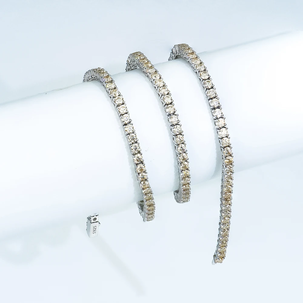 High-end Jewelry 925 Silver Necklace Rhodium Plated Round Brilliant Cut Original Champagne Color Moissanite Tennis Link Chain