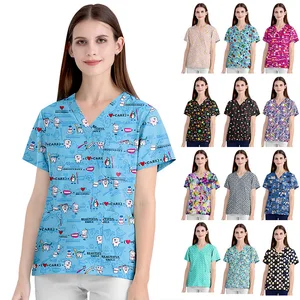 100% Cotton Men Women Medical Scrub Printed Surgical Uniforms V Neck Printed Top Shirt Nurse Uniform uniforme de enfermera