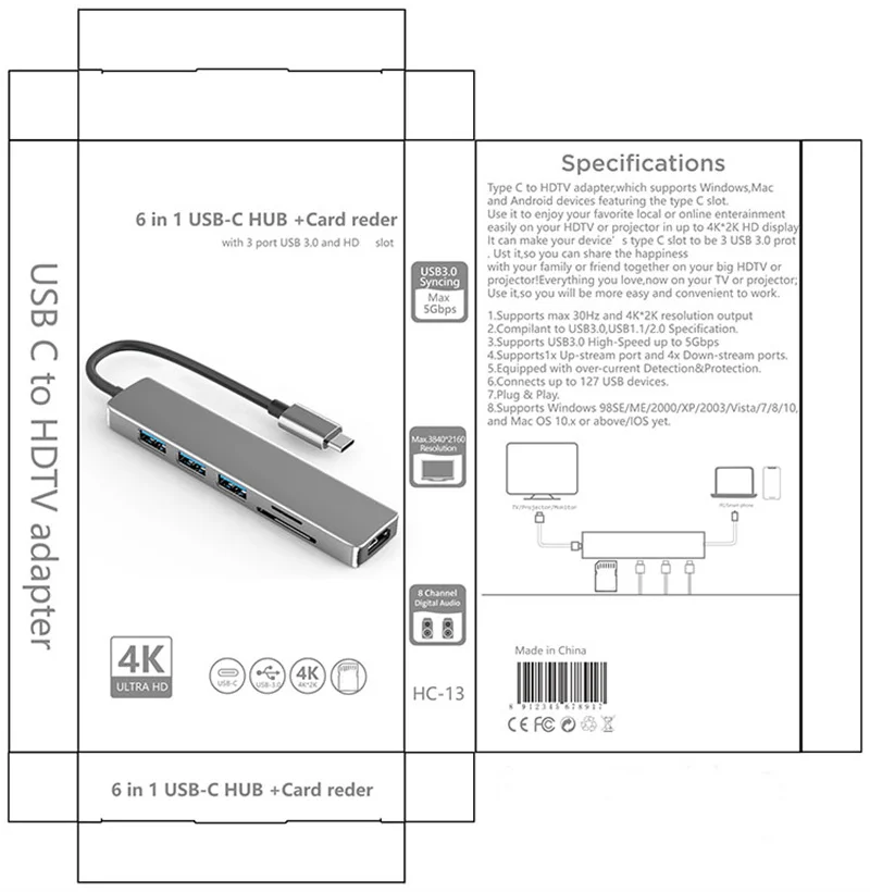 Адаптер USB C для USB-концентратора 6 в 1, концентратор типа C с 4K HDTV и портами USB 3,0 для передачи данных, 5 Гбит/с, слоты SD/TF, совместимый с MacBook