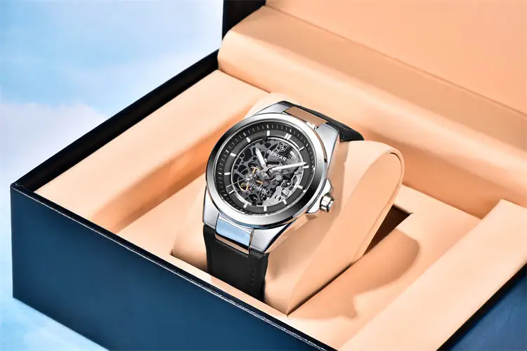 Часы Benyar 5207M, роскошные мужские часы с механизмом, горячая распродажа, ремешок из натуральной кожи, водонепроницаемые, автоматические, полые, деловые часы