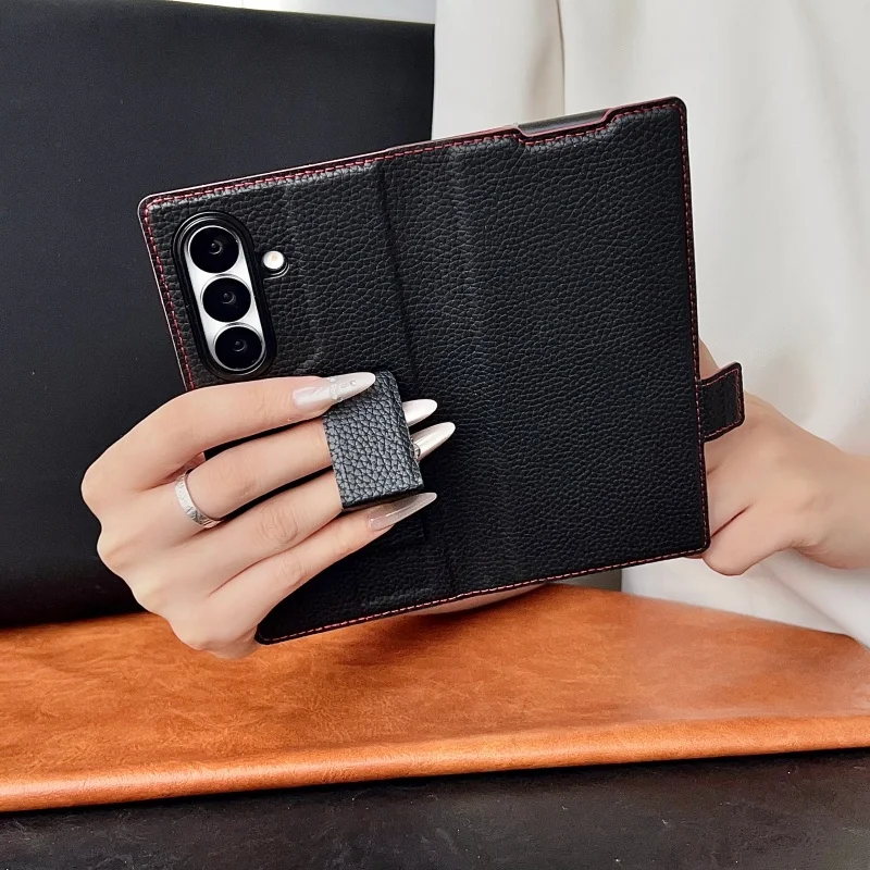 Luxury PU Leather Wallet Card Slots Wrist Strap Stand Case for Samsung Galaxy Z Fold 7 6 5 4 3 2 With Tempered Glass