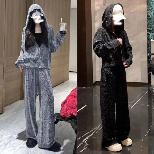 Winter Autumn Wholesale Fashion Sexy Sequin Two-piece Trousers High Street Sportswear Casual Sportswear