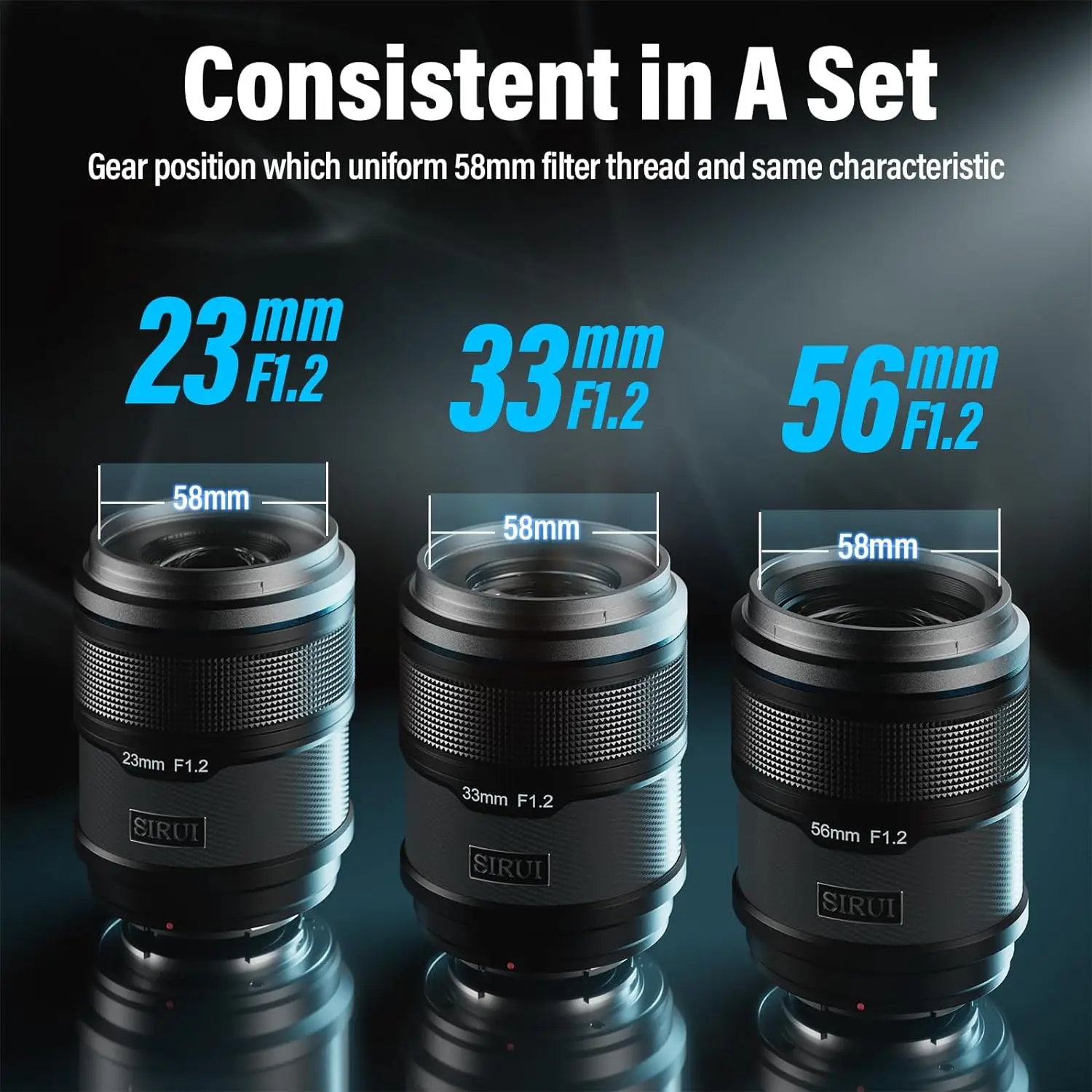 SIRUI Sniper Autofocus Lens Set, 23mm, 33mm, 56mm, F1.2 Wide Angle APS-C Camera Lens for X Mount, Black
