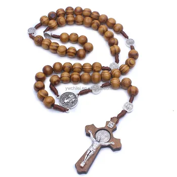 Mens Catholic Rosary Bead Necklace Intercession Handmade Wood Cross Pendant Necklace
