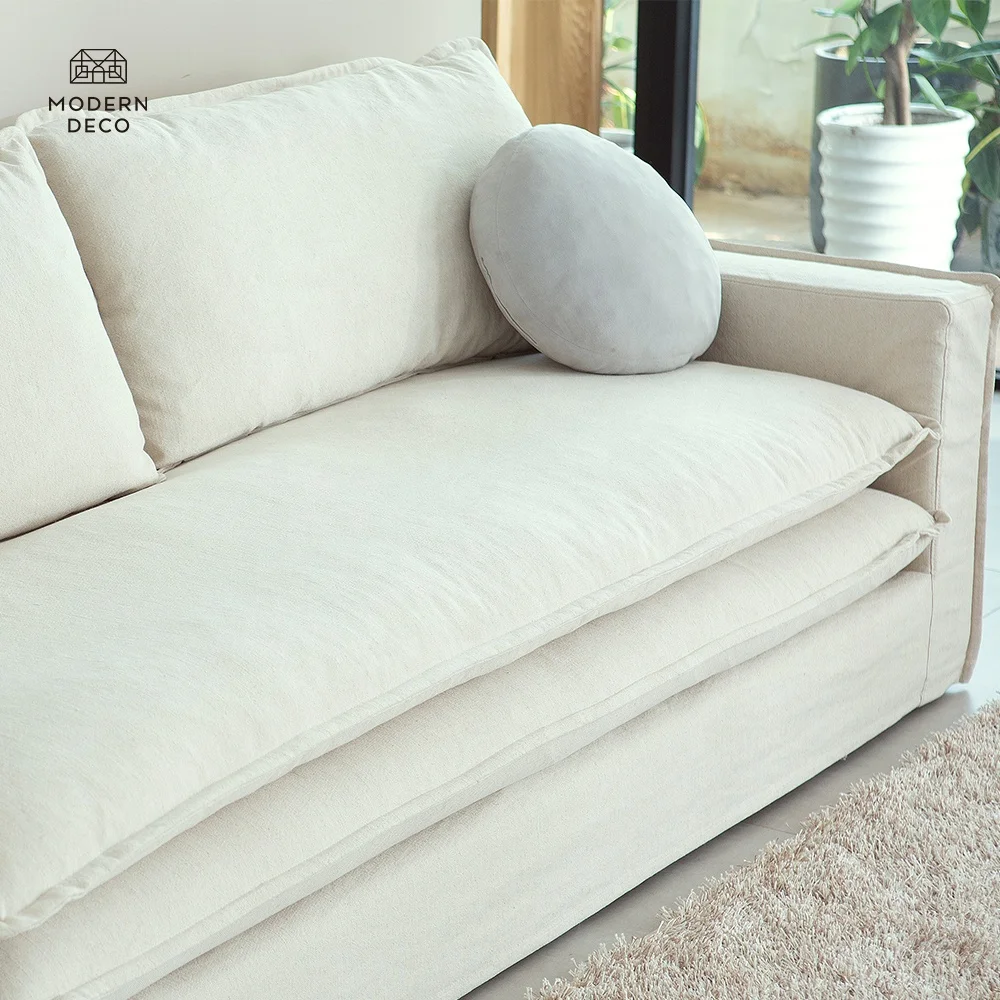 Feather Sofa Duck Down Filled Couch Modern Linen 3 Seater Wabi Sabi Hygge
