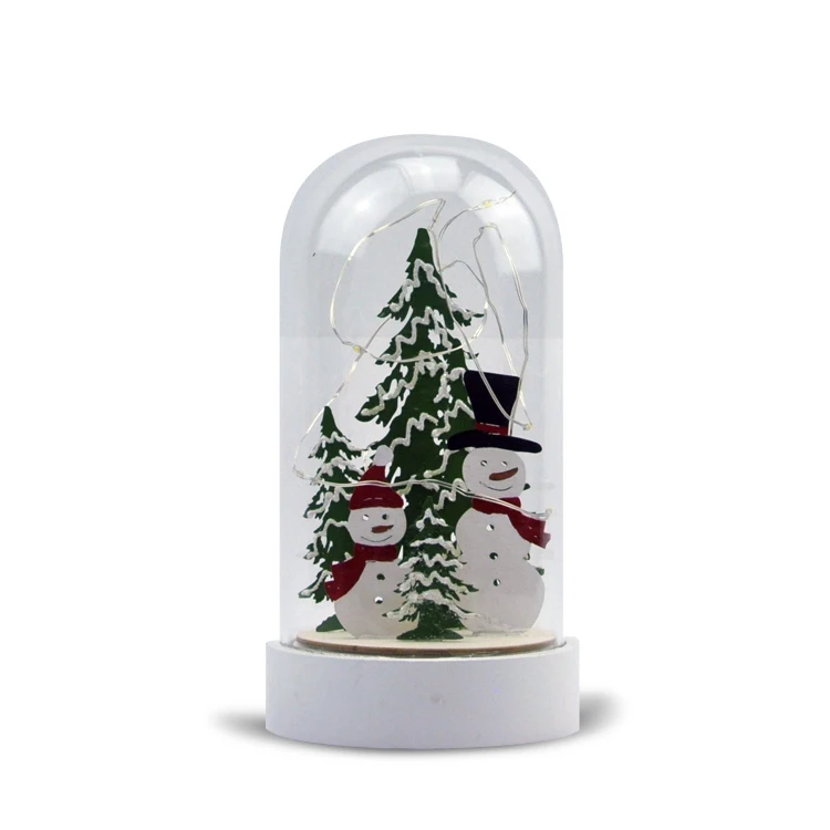 Christmas table decorations xmas tree snowman clear glass dome cloche wood base ornaments with led lights