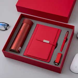 Wholesale Custom Logo Four-Piece Stationery Set Business Conference Gift Flash Drive Water Bottle PU Leather Notebook