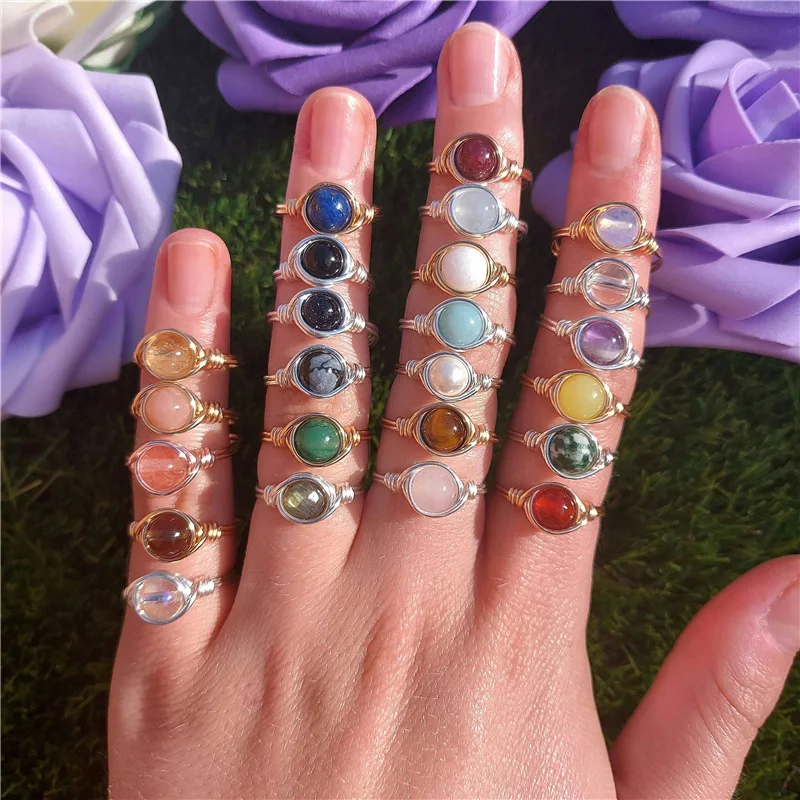 Personality Handmade Winding Ring Healing Pink Sapphire Colorful Onyx Ring Natural Stone Crystal Ring for Women