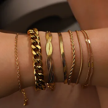 latest arrival INS style jewelry set cuban chain bracelet multi wear 18k gold plated stainless steel plat snake bracelet
